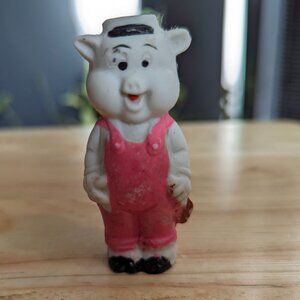 1930's Three Little Pigs story white Bisque piggy pink overalls 3 inch figurine